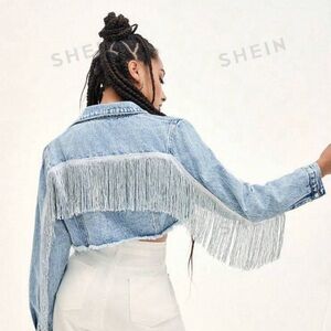 ADORABLE cropped fringe jean jacket